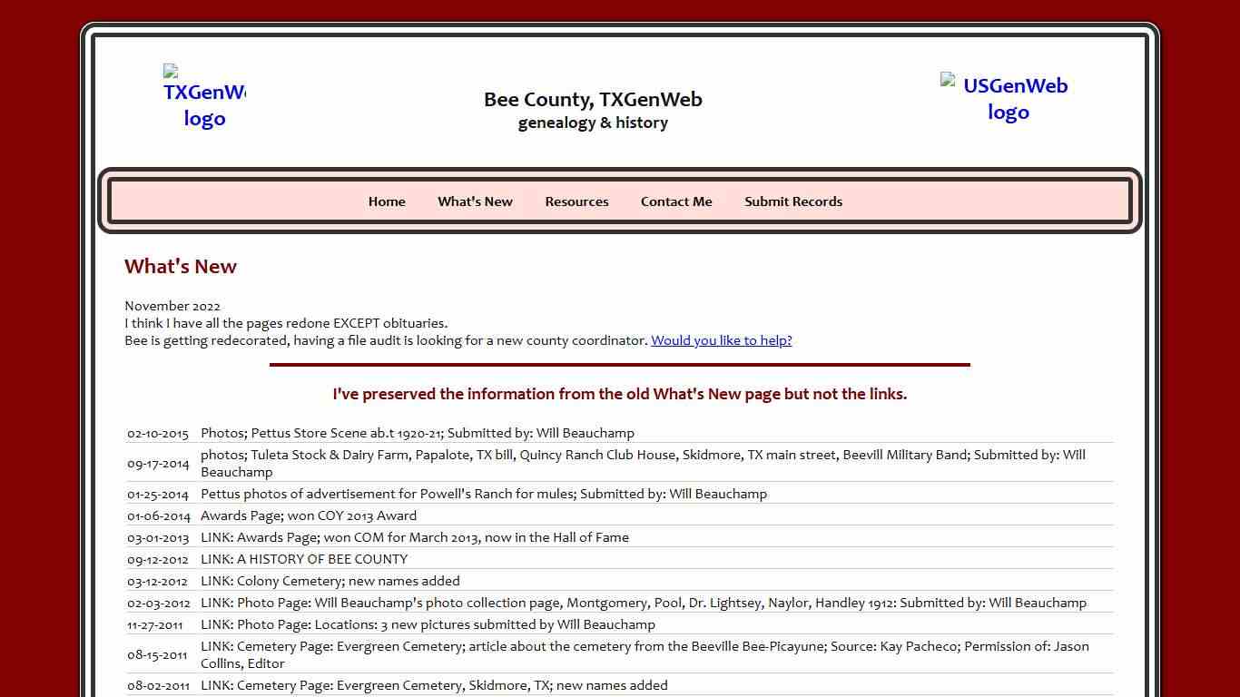 What's New | Bee County, TXGenWeb