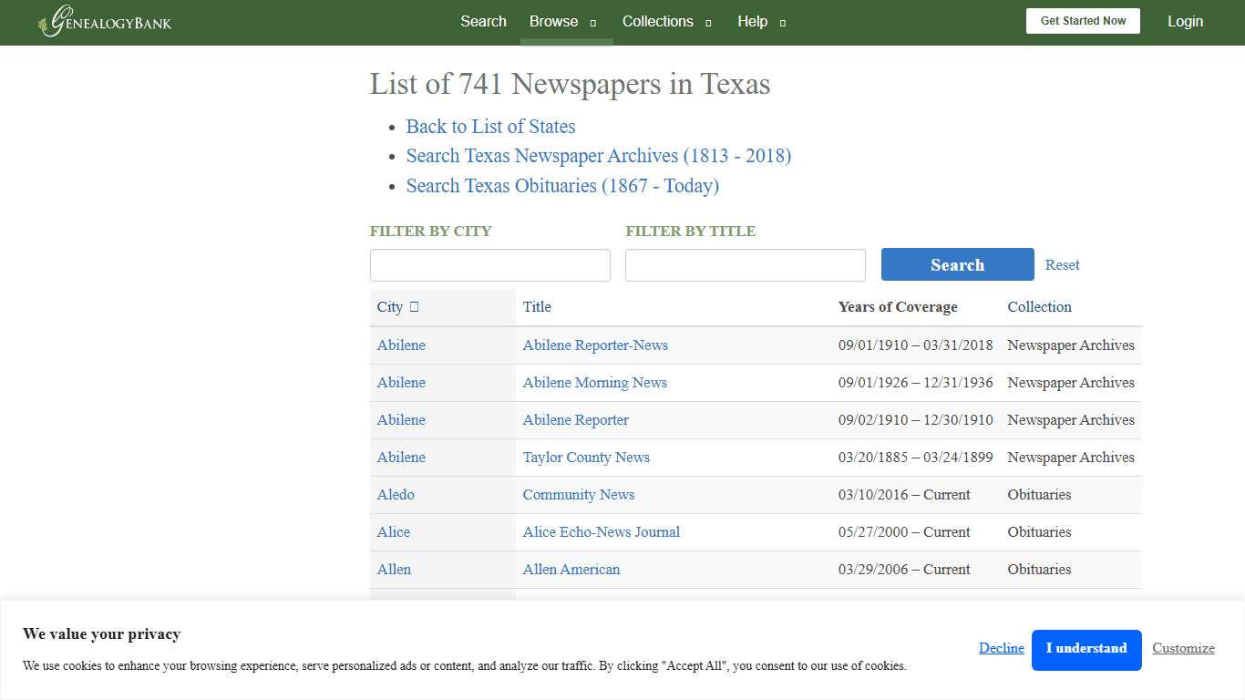 Newspapers by State - Texas | GenealogyBank